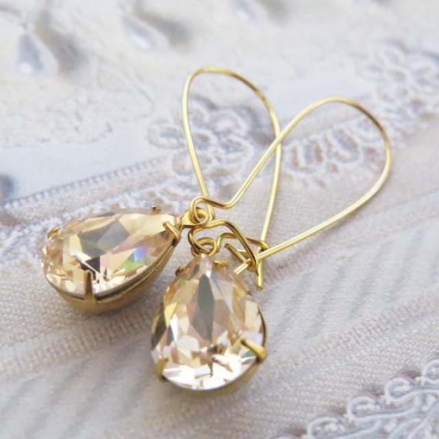 wedding photo - Champagne Earrings Teardrop Dangle Swarovski Crystal Earrings Champagne Gold Bridal Earrings Bridesmaid Gift Champagne Wedding Jewelry