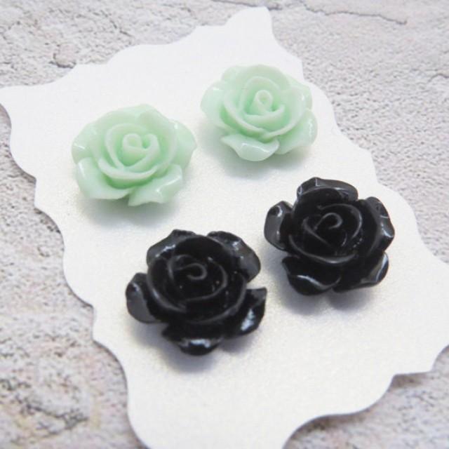 wedding photo - Mint Earrings Black Earrings Vintage Rose Earrings Mint Rose Studs Rose Stud Earrings Bridesmaid Gift Mint Bridal Jewelry Gift for Her