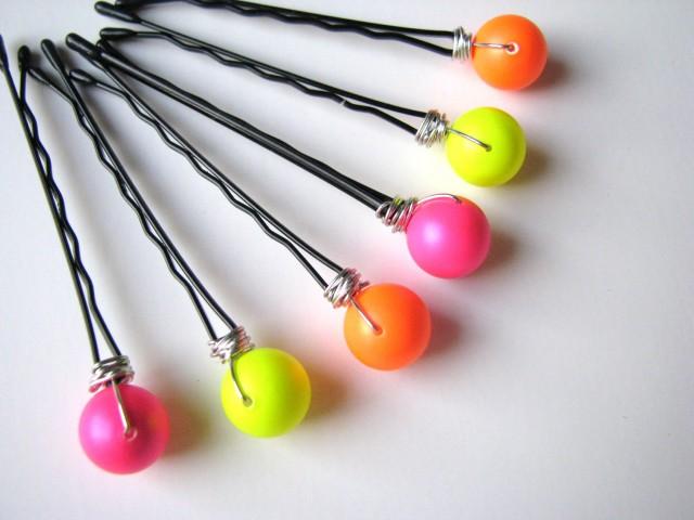Neon Hair Pins Set of Pink, Yellow, and Orange Pearls