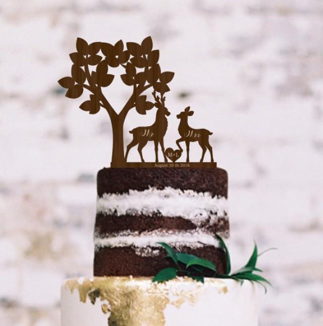 wedding photo - Wedding Rustic Cake Topper Deer Silhouette Tree Cake Topper Personalized Wood Cake Topper Buck and Doe Wedding Cake Topper