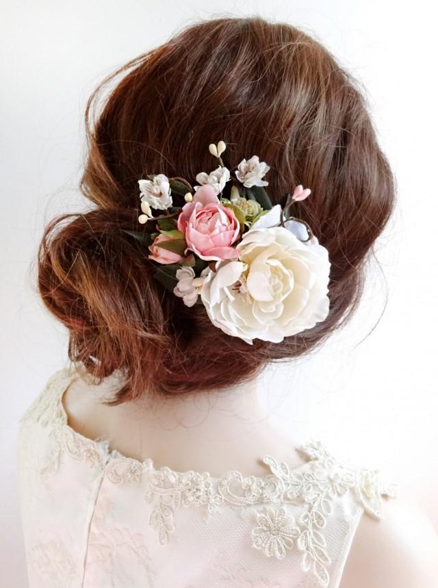 wedding photo - bridal hair clip, floral hair clip, bridal hair piece, floral hair comb, bridal hair flower, ivory flower hair clip, pink rose, garden wed
