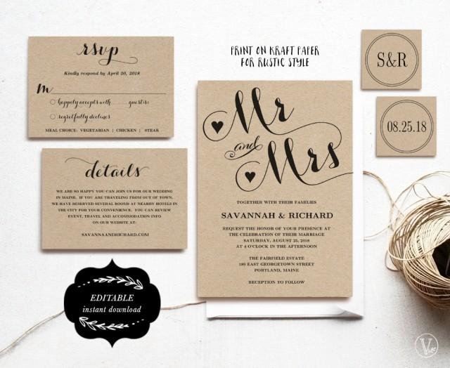 wedding photo - Wedding Invitation Template, Printable Wedding Invitation, Kraft Wedding Invitation, DIY Wedding, 3 Colors Included, Editable Text, Mr&Mrs