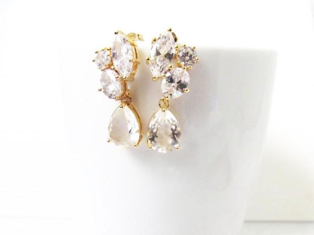 wedding photo - Crystal Bridal Earrings gold, Bridal Cluster Earrings, Bridesmaids Earrings, Crystal Bridal Earrings, Crystal Studs