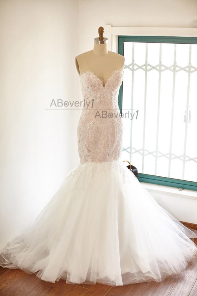 wedding photo - Beaded Mermaid Lace Tulle Wedding Dress Bridal Gown Blush Pink Lining with Sweetheart Neckline/Long Train