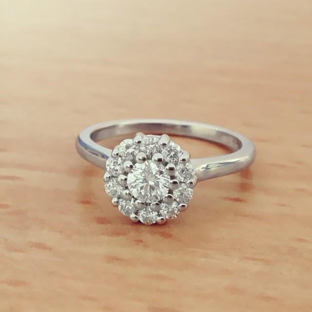 wedding photo - Round Cut Halo Diamond Engagement Ring 14k White Gold or Yellow Gold Art Deco Natural Diamond Ring