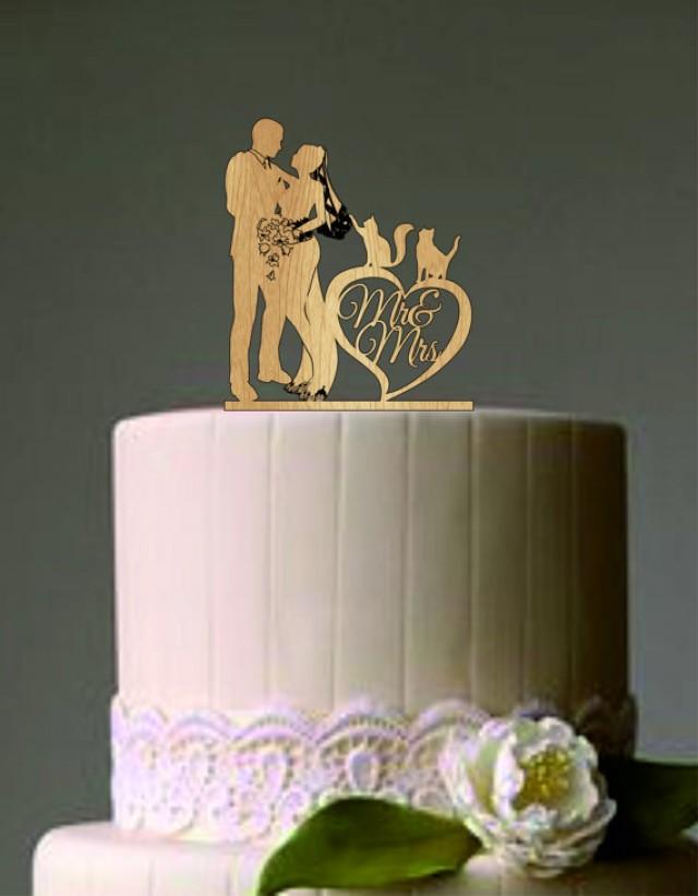 wedding photo - Bride and Groom Wedding Cake Topper with two cats - Mr and Mrs Wedding Cake Topper - Rustic Wedding Cake Topper - Silhouette Wedding Topper