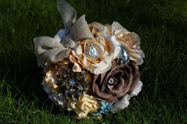 wedding photo - Fabric and Brooch Bouquet in Autumn Colours of Gold, Brown, Beige and Sage Green with Hessian Burlap Bow