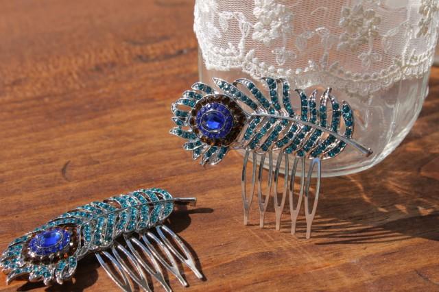 wedding photo - Teal Blue Peacock Feather Brooch Haircomb, Peacock Headpiece, Blue Feather, Multi Color Hair piece, Peacock Hair Comb, Vintage Style Comb