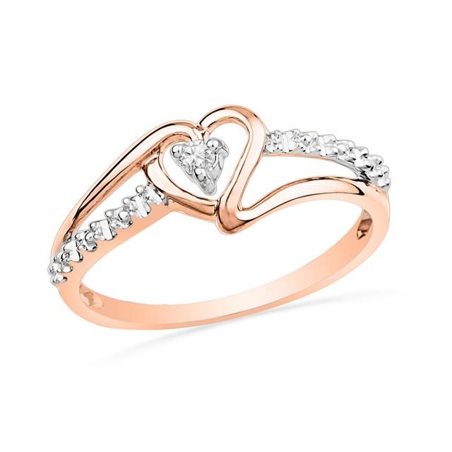 10k Diamond Ring, Pink Gold Ring With Diamond Heart, Pink Promise Ring