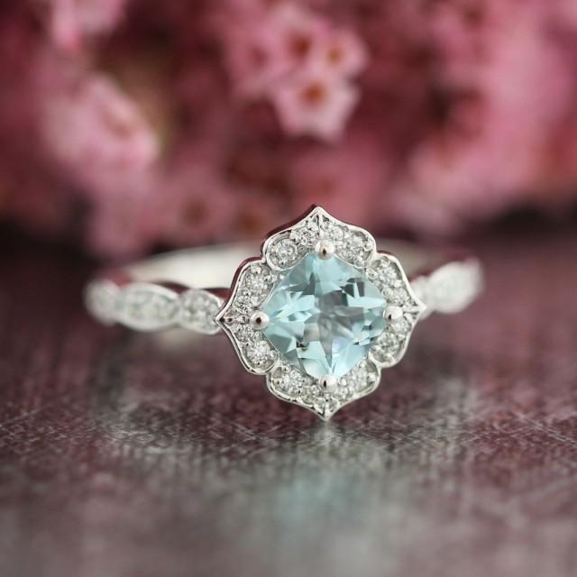 Mini Vintage Floral Aquamarine Engagement Ring 14k White Gold Scalloped Diamond Wedding Band 6x6mm Cushion Cut Color Gemstone Ring