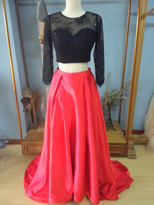 wedding photo - Aliexpress.com : Buy Black Lace Top and Red Satin Skirt 2 Pieces Prom Dresses from Reliable lace bra and panty sets suppliers on Gama Wedding Dress