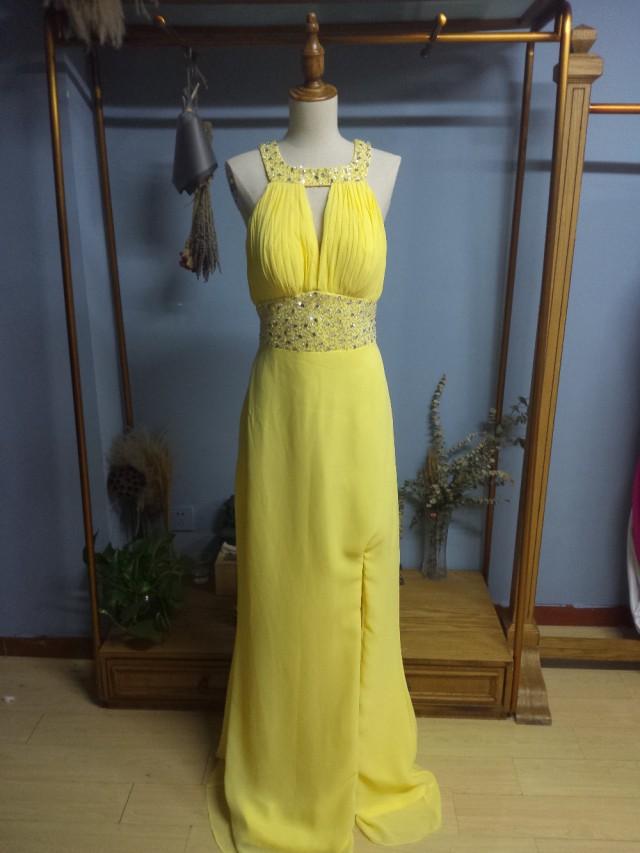 wedding photo - Aliexpress.com : Buy Square Neck Floor Length Brush Train Yellow Chiffon Prom Dress Formal Occasion Dress from Reliable dresses gold suppliers on Gama Wedding Dress
