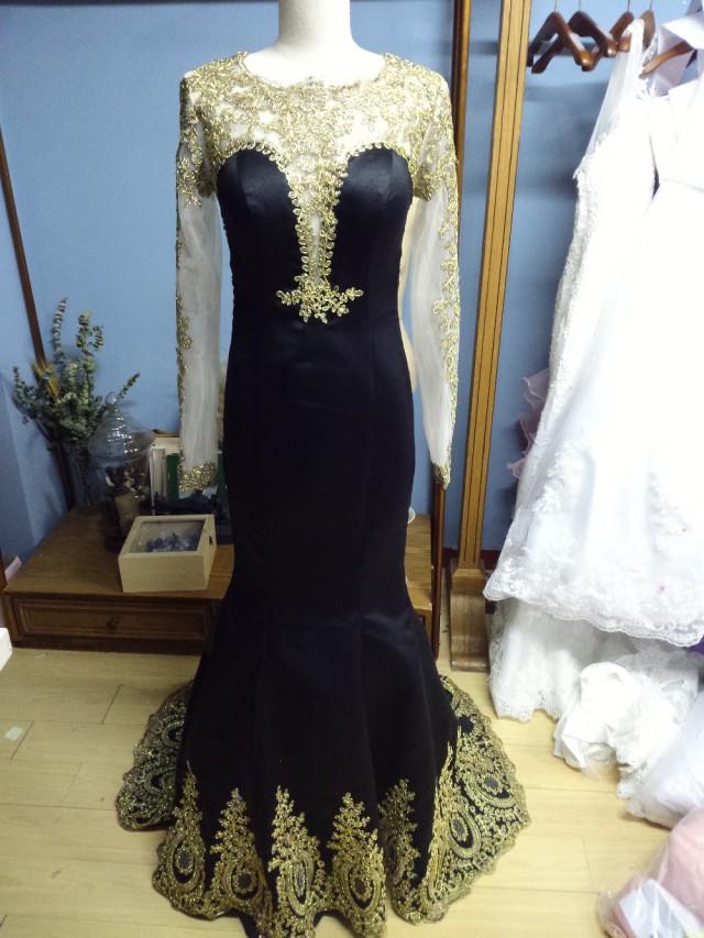 wedding photo - Aliexpress.com : Buy Long Sleeves Trumpet Floor Length Black Satin Prom Dresses with Gold Appliques from Reliable dress shaw suppliers on Gama Wedding Dress