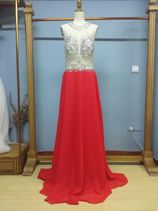 wedding photo - Aliexpress.com : Buy Sheer Bodice with Beading Rhinestones Red Skirt Halter Prom Dress Formal Occasion Gown from Reliable dress profile suppliers on Gama Wedding Dress