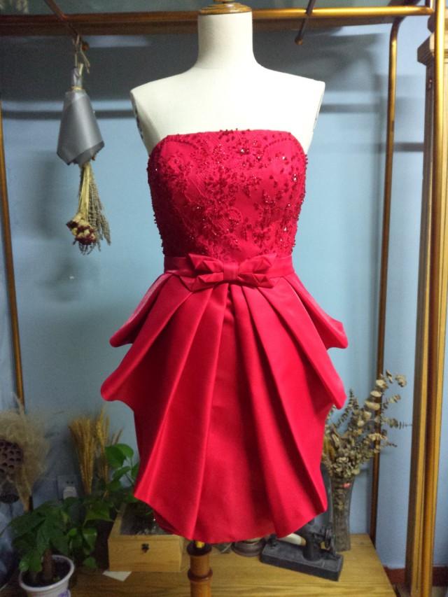 wedding photo - Aliexpress.com : Buy Strapless Red Short Cocktail Party Dress with Beading and Bow Sash from Reliable dress wedding party suppliers on Gama Wedding Dress