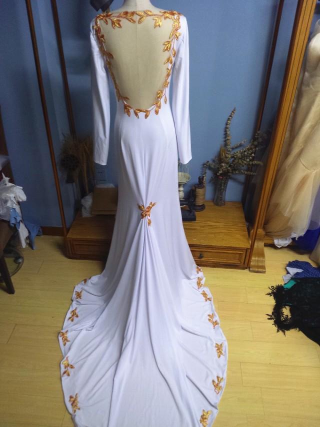 wedding photo - Aliexpress.com : Buy Long Sleeves White Sapndex Sheer Back Trumpet Evening Gown Formal Occasion Dress with Gold Leaves (2) from Reliable dress patterns evening gowns suppliers on Gama Wedding Dress