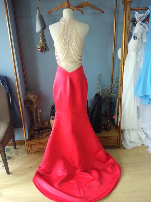 wedding photo - Aliexpress.com : Buy High Collar Sheer Back Red Satin Fit to Flare Trumpet Evening Dress Formal Occasion Dress from Reliable dress charcoal suppliers on Gama Wedding Dress