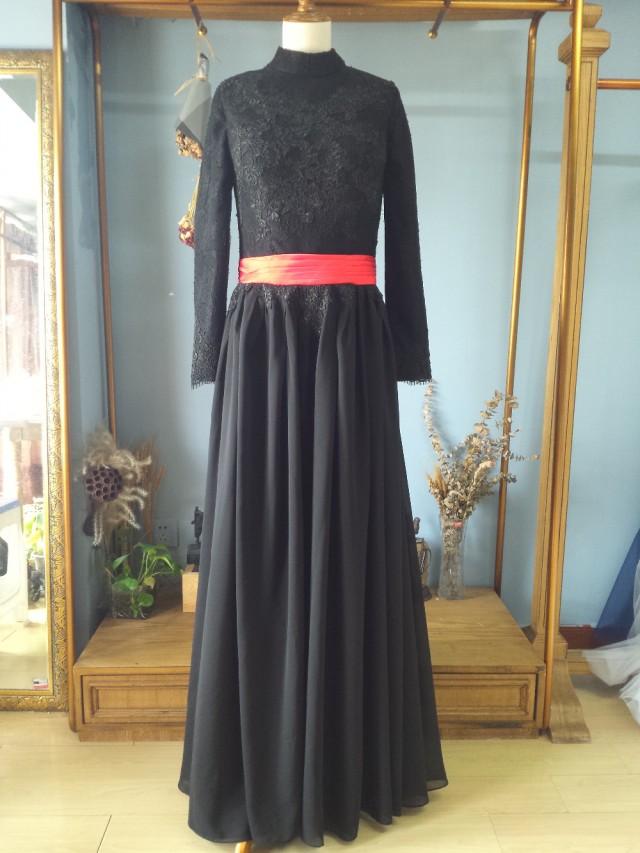 wedding photo - Aliexpress.com : Buy High Collar Long Sleeves Black Chiffon and Lace Motif Evening Dress with Red Belt and Buttons from Reliable dress 2007 suppliers on Gama Wedding Dress