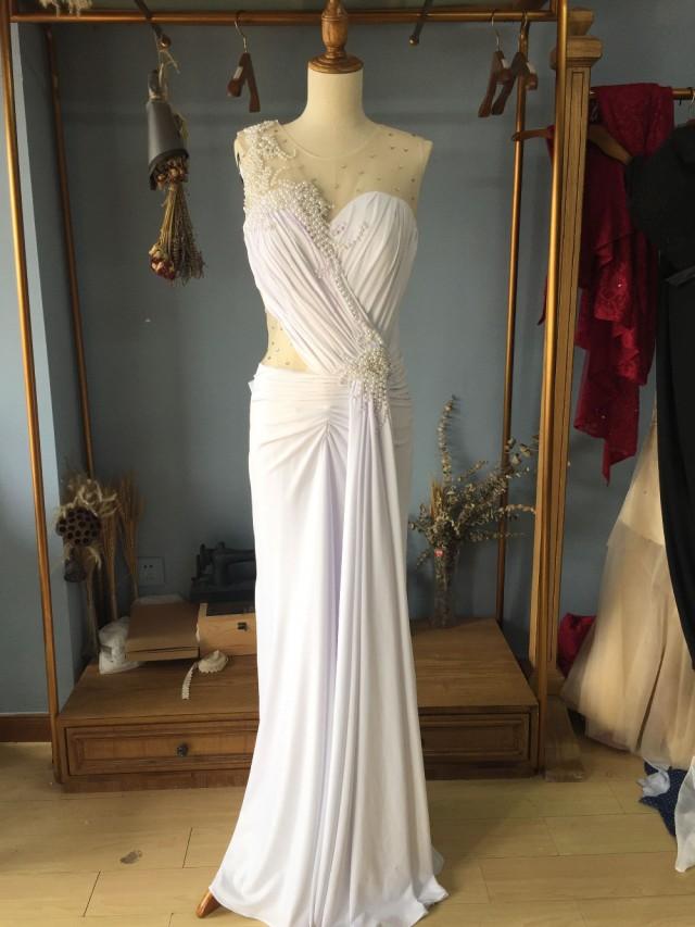 wedding photo - Aliexpress.com : Buy Scoop Neck Floor Length Sheath/Column Sheer Illusion Back Pleated Evening Dress with Pearls Formal Occasion Gown from Reliable floor dress suppliers on Gama Wedding Dress