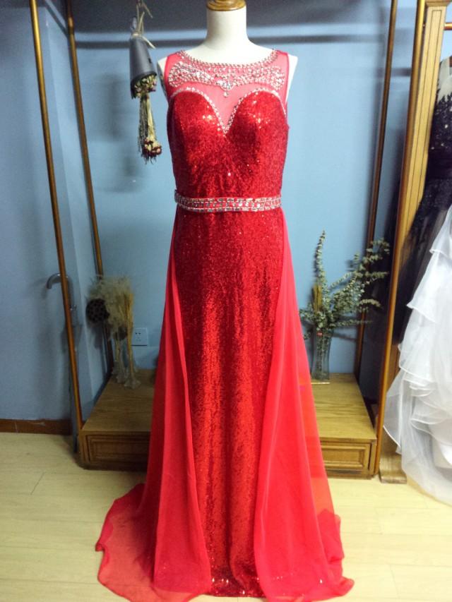 wedding photo - Aliexpress.com : Buy Scoop Neck Red Floor Length Sequin Evening Dress with Chiffon Train and Beading from Reliable sequin evening dress suppliers on Gama Wedding Dress