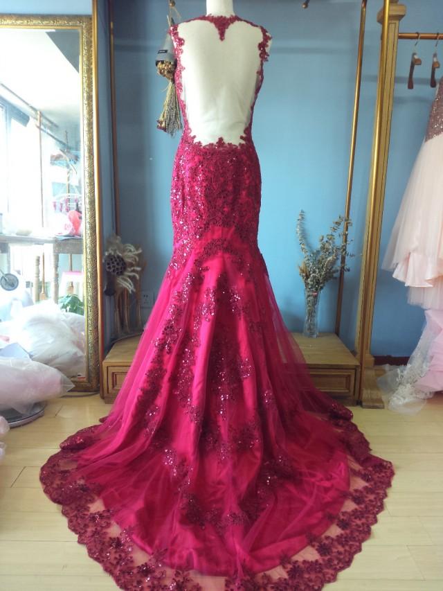 wedding photo - Aliexpress.com : Buy O Neck Floor Length Court Train Burgundy Mermaid Evening Dress with Sheer Illusion Back from Reliable evening dress fabric suppliers on Gama Wedding Dress