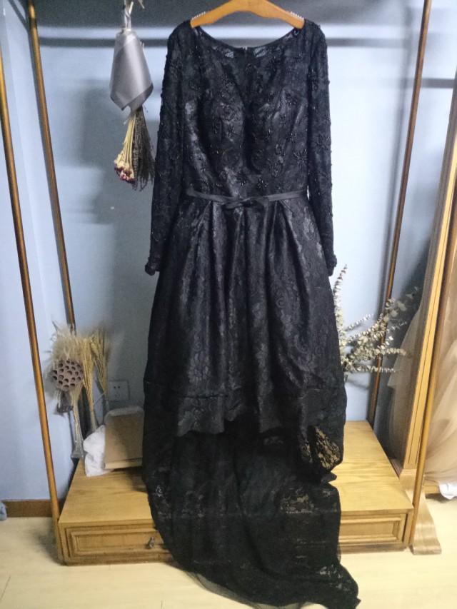 wedding photo - Aliexpress.com : Buy Scoop Neck Full Sleeves Black Lace High Low Dress with Slip Plus Size Formal Occasion Dress from Reliable lace party dress suppliers on Gama Wedding Dress
