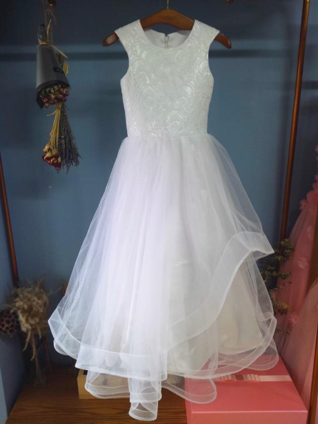 wedding photo - Aliexpress.com : Buy O Neck Lace Bodice and Tulle Skirt Asymmetric Flower Girl Dress from Reliable skirt fur suppliers on Gama Wedding Dress