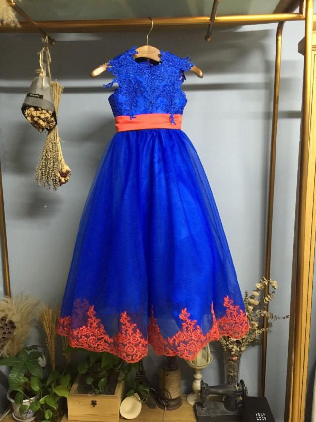wedding photo - Aliexpress.com : Buy O Neck Blue Flower Girl Dress with Red Lace Trim Pageant Dress from Reliable girl lace dress suppliers on Gama Wedding Dress