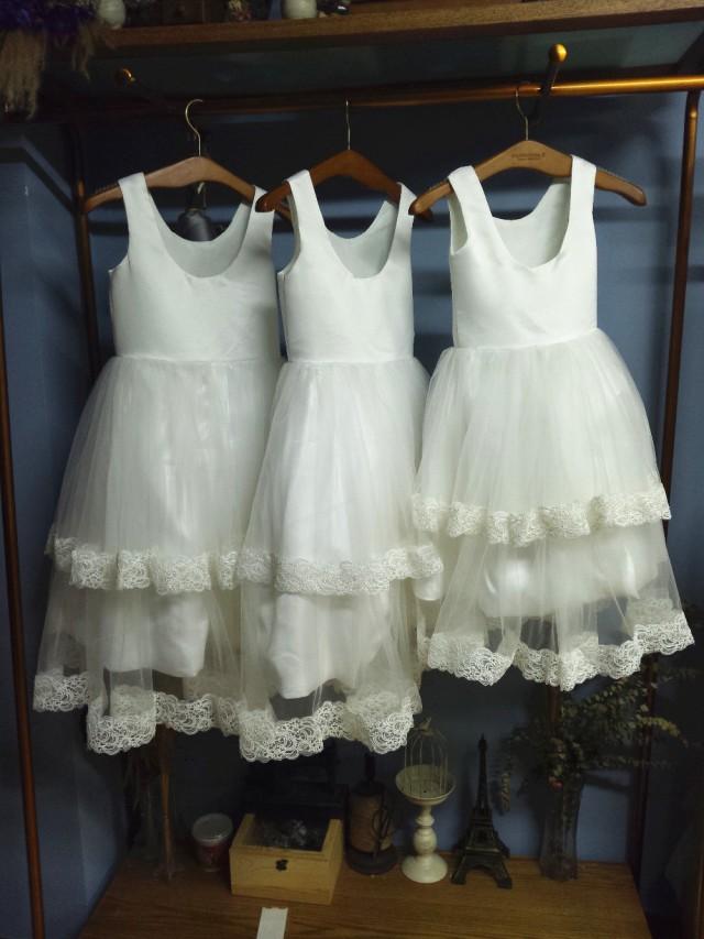 wedding photo - Aliexpress.com : Buy Scoop Neck Ankle Length White Satin with Tulle Overlay Flower Girl Dress with Lace Trim from Reliable girls tennis dress suppliers on Gama Wedding Dress