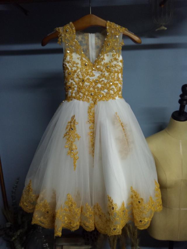 wedding photo - Aliexpress.com : Buy V Neck Floor Length Ball Gown Flower Girl Dress with Gold Appliques Crystals from Reliable dress strapless suppliers on Gama Wedding Dress