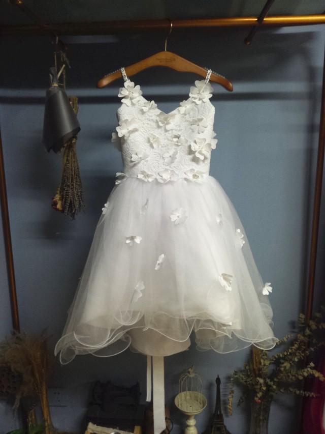 wedding photo - Aliexpress.com : Buy Spaghetti Straps V Neck Lace Bodice and Tulle Skirt Flower Girl Dress with Handmade Flowers from Reliable lace homecoming dress suppliers on Gama Wedding Dress