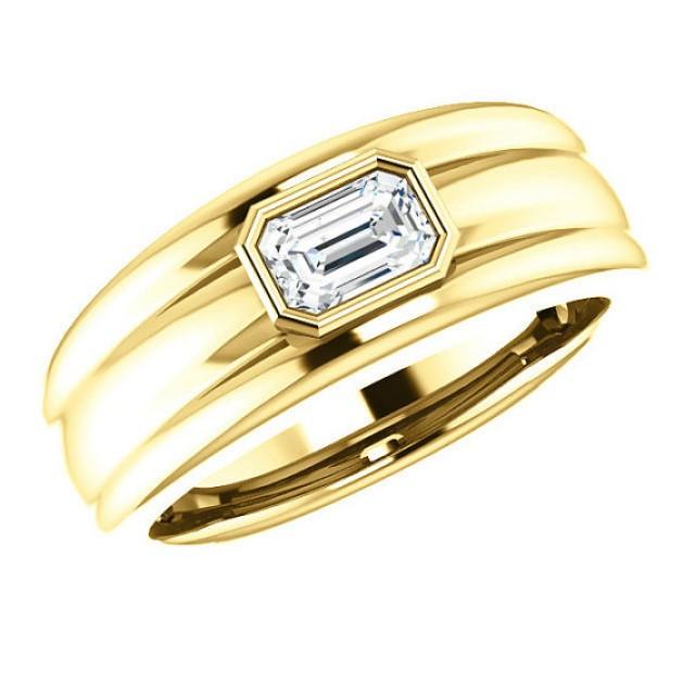 wedding photo - 6x4mm Emerald Forever Brilliant Moissanite Bezel Men's Ring 14K Yellow Gold, Men's Jewelry, Mens Anniversary Rings, Wedding Rings, Bands