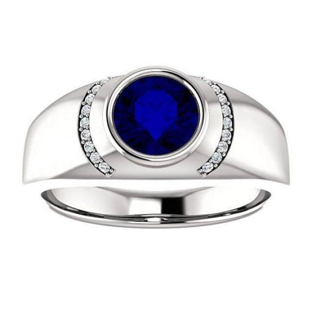 wedding photo - 7mm Blue Sapphire & Diamond Men's Ring 14k White Gold, Men's Anniversary Rings, Wedding Rings for Men, For Him, Engagement Wedding Rings
