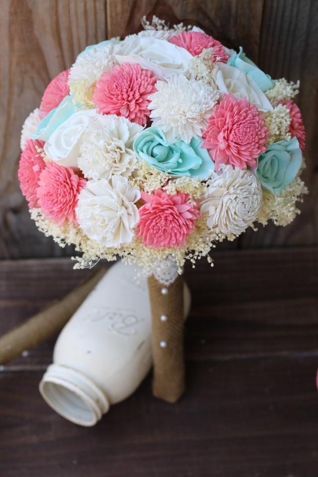 wedding photo - sola bouquet, wedding bouquet, mint and coral bouquet, bridal bouquet, bridesmaid bouquet
