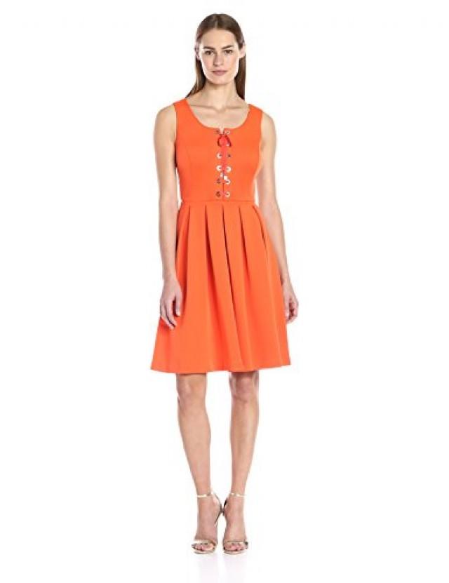 wedding photo - Tommy Hilfiger Women's Lace up Front Fit and Flare Dress, Tangerine, 10 - Ussalezin