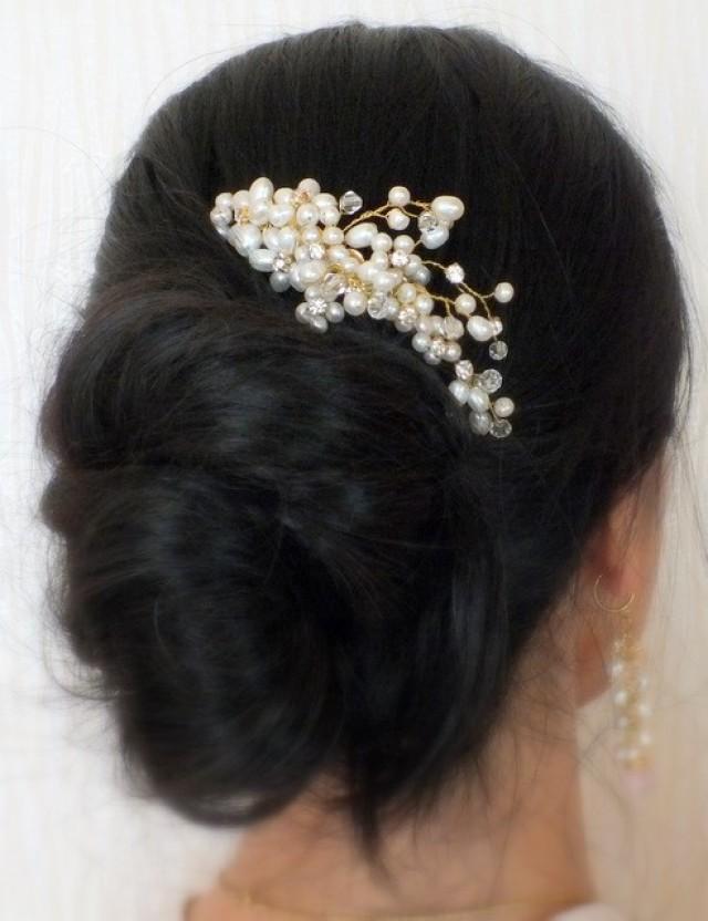 wedding photo - Spring Corsage - Freshwater Pearl Rhinestone Bridal Hair Comb