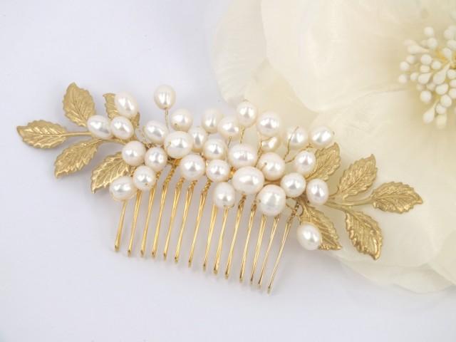 wedding photo - Queen Juno - Freshwater Pearl and Golden Leaves Bridal Comb