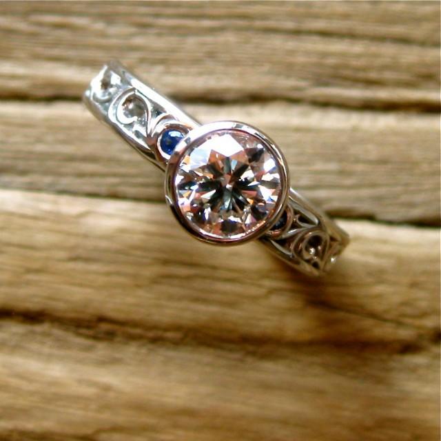 wedding photo - Diamond Engagement Ring in Palladium with Blue Sapphires and Floral Scroll Motif Size 4