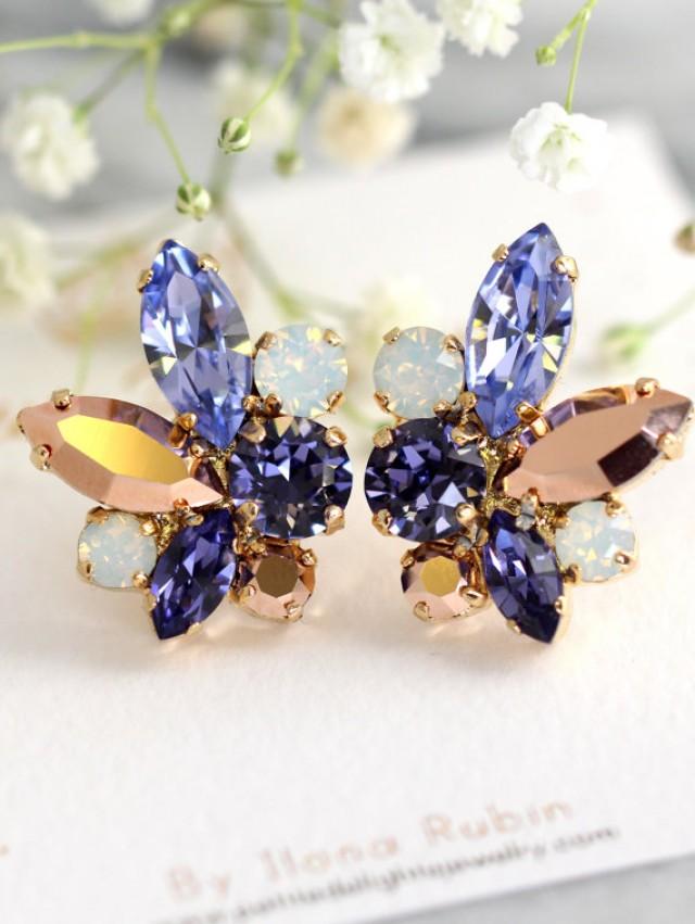 wedding photo - Purple Rose Gold Earrings,Swarovski Lavender Rose Gold Earrings,Bridal Cluster Earrings,Bridesmaids Earrings, Gift for her,Lavender Earrings