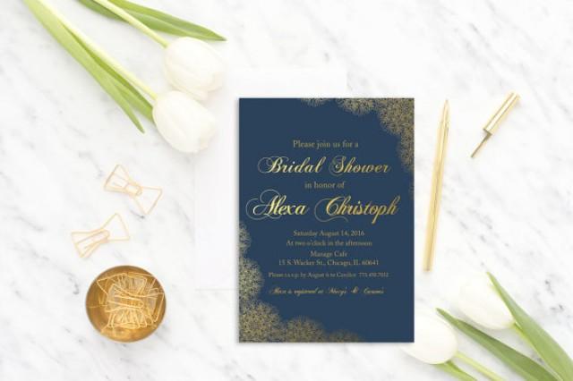 wedding photo - Navy Blue Bridal Shower invitation printable, Gold Bridal Shower invite, Lace, Digital, Template, modern bridal shower card, DIY, Elegant