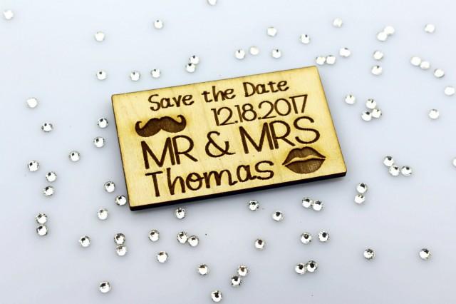wedding photo - Save the Date Magnet, Mustache and Kiss Lips, MR and MRS, Laser Engraved, Rustic Save the Date, Personalized, Mr & Mrs, Laser Cut, Custom