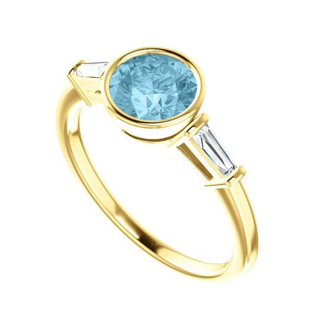 wedding photo - Aquamarine & Diamond Baguette Side Stones Engagement Ring - Three Stone Rings 14k or 18k Yellow Gold, 1 Carat Aquamarine Rings Gemstone Ring