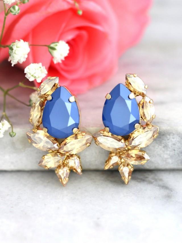 wedding photo - Blue Champagne Earrings, Royal Blue Earrings, Gift For her, Bridal Earrings, Swarovski Earrings, Navy Blue Earrings, Bridesmaids Earrings