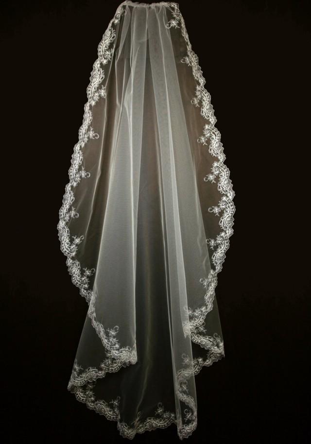 wedding photo - Bridal Veil with Embroidery - Emer Wedding Veil- Knee Length Veil-Cascade Veil- Wedding Lace Veil-Single Layer Veil