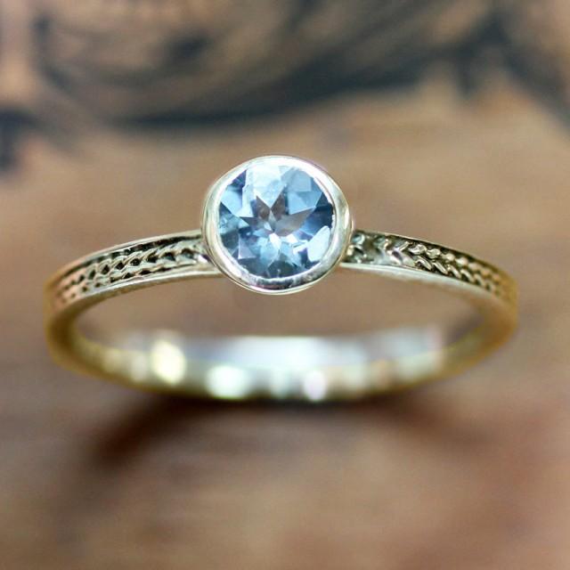 wedding photo - Aquamarine engagement ring in recycled 14k yellow gold - bezel engagement ring - wheat braid band, March birthstone - custom engagement ring