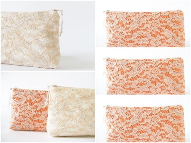 wedding photo - Be My Bridesmaid Set, Bridesmaids Lace Clutches, Peach and Silver Purses for Bridesmaids, Personalized Bridesmaid Bags