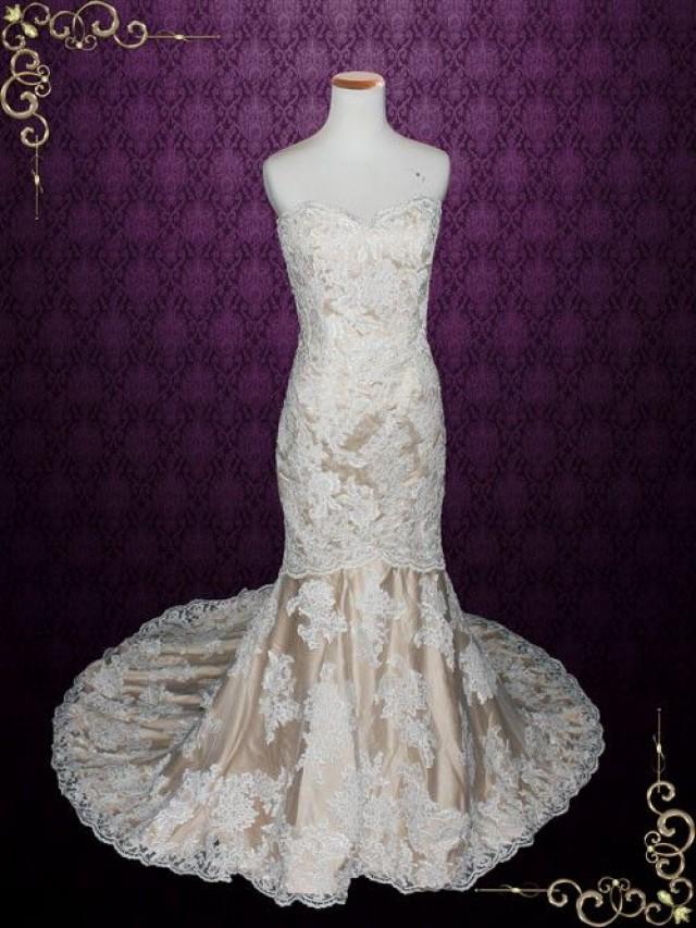 wedding photo - Strapless Sweetheart Ivory Lace Mermaid Wedding Dress With Mocha Lining 
