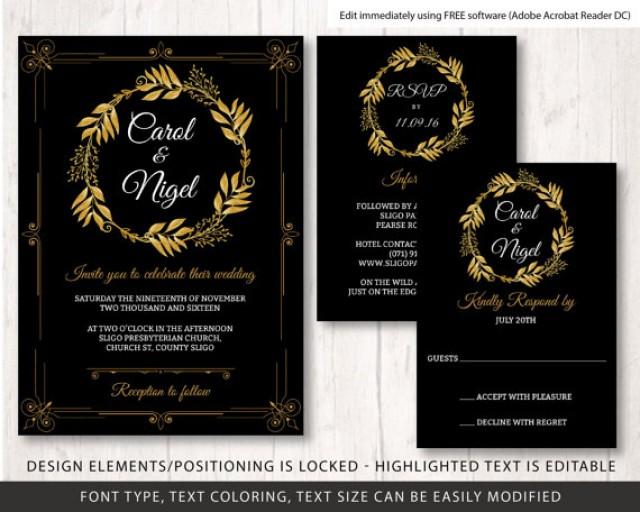 wedding photo - gold and black wedding invite template, wedding invite template, printable wedding invitation set, black gold wedding invitation template