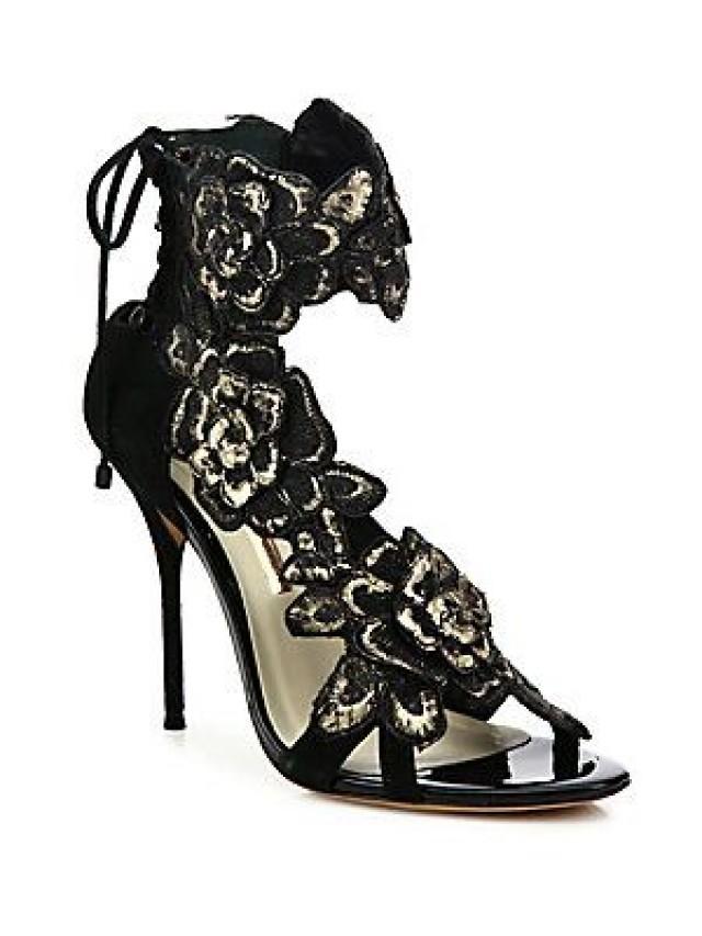 Floral-Embroidered Suede Lace-Back Sandals