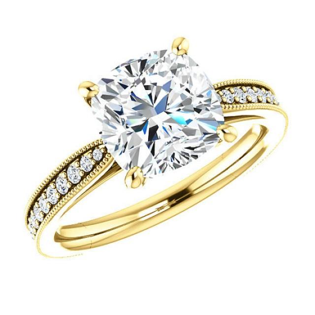 wedding photo - 8mm (2.5 carat) Cushion Forever One Moissanite & Diamond Cathedral Engagement Ring 14k or 18k Yellow Gold, Moissanite Engagement Rings